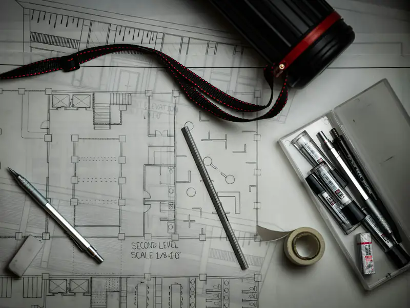 Plans spread across a table with drafting pencils, a scale rule and a plan tube resting on them.